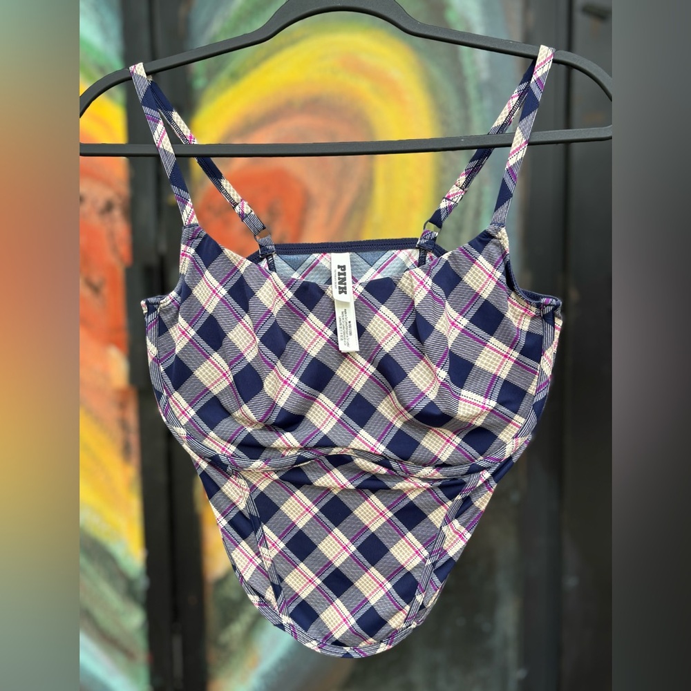 PINK Victoria's Secret Navy Plaid Camisole with Pink & White Accents